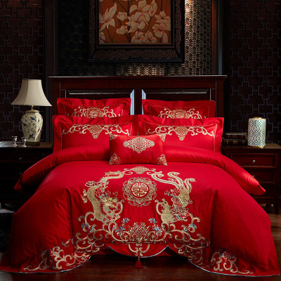 新婚庆四件套大红色全棉刺绣花喜庆婚礼结婚床上用品纯棉六八件套