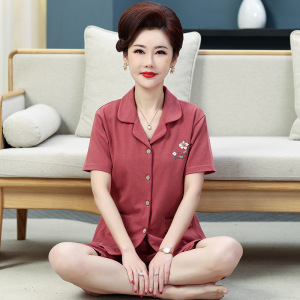 睡衣女夏季宽松棉质短袖七分裤套装中年妈妈休闲家居服大码可外穿