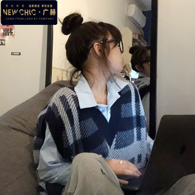 广赫针织马甲女春季秋网红复古菱格V领毛衣外搭小背心外套马夹外穿潮