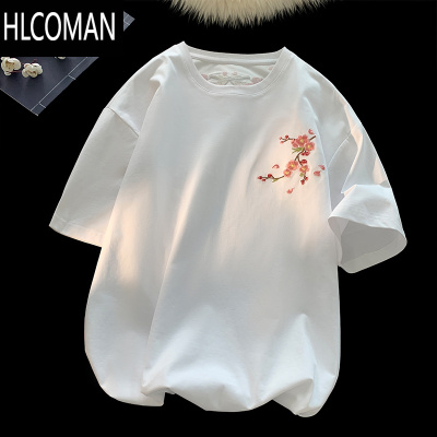 HLCOMAN新中式梅花刺绣T恤男女夏季国潮高街圆领情侣短袖青少年运动体恤