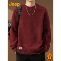 Jeep吉普圆领毛衣男士加绒保暖打底衫冬季潮流本命年红色针织衫男