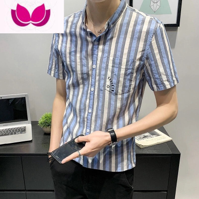 七斓条纹衬衫男士短袖潮流休闲衬衣夏季男装半袖修身百搭口袋透气寸衫