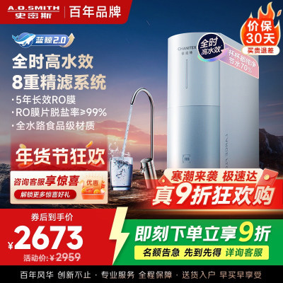 AO史密斯佳尼特净水器家用厨下直饮反渗透小体积5年长效RO膜CR2500BM1 2.5升/分钟澎湃 0陈水 全时高水效