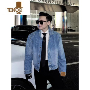 YANXU美式短款牛仔外套男款高街设计感痞帅上衣服秋季宽松潮牌工装夹克