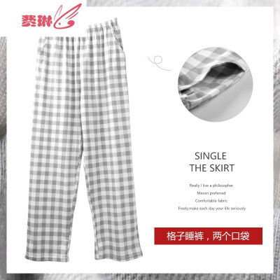 夏季睡裤男士薄款长款长裤格子棉绸裤夏天棉家居服裤空调裤费琳