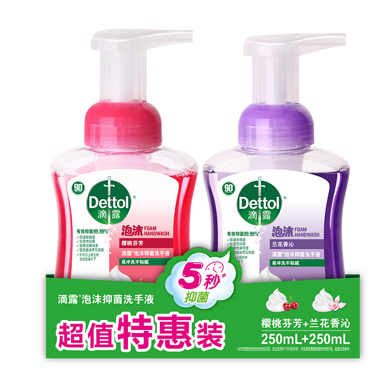滴露泡沫洗手液250ml*2家用儿童宝宝抑菌温和清洁成分护手