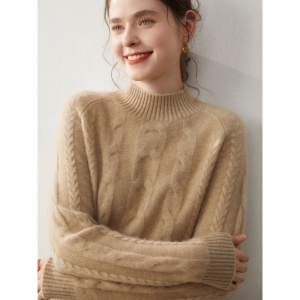 山羊绒打底衫女半高领加厚扭花套头宽松内搭复古舒适休闲针织毛衣