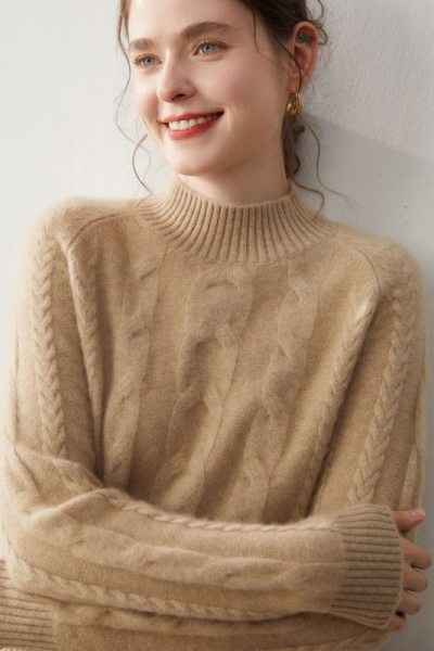 山羊绒打底衫女半高领加厚扭花套头宽松内搭复古舒适休闲针织毛衣