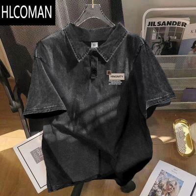 HLCOMAN水洗做旧翻领短袖Polo衫男夏季美式高街宽松休闲情侣上衣