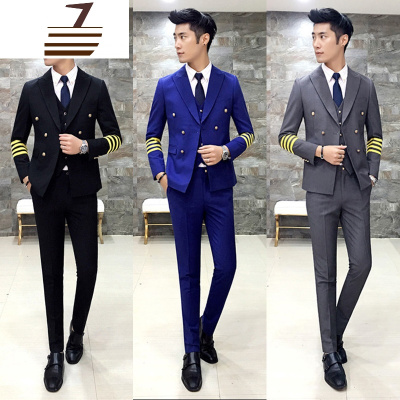 NEWLAKE新款西装男套装潮流修身韩版帅气休闲型师双排扣西服三件套潮男