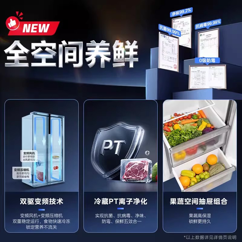 美的570+升十字对开门风冷无霜冰箱一级能效家用净味大容量电冰箱