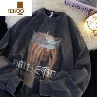 YANXU卫衣男美式水洗做旧圆领长袖t恤宽松潮牌hiphop高街外套