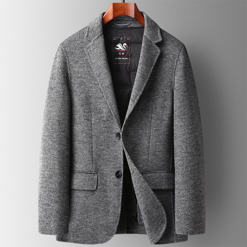秋冬人字双面尼羊毛西装男羽绒脱卸内胆毛呢西服开叉青年休闲西装