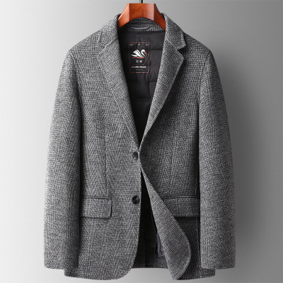 秋冬人字双面尼羊毛西装男羽绒脱卸内胆毛呢西服开叉青年休闲西装
