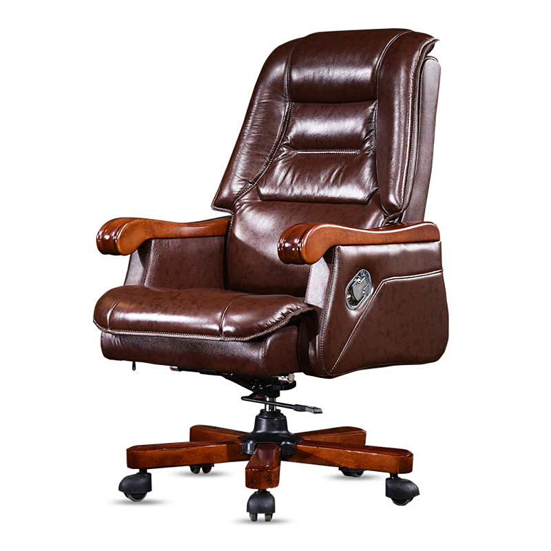 全简电脑椅真皮老板椅实木大班椅可躺升降办公椅棕色