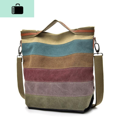 拼接帆布女式袋ins中包休闲简约文艺手提单肩斜挎包大容量多隔层NEW LAKE 拼接条纹女士单肩包