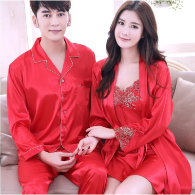 Ideamini结婚睡衣新婚情侣套装性感冰丝春秋夏季男女喜庆红色新娘睡裙睡袍