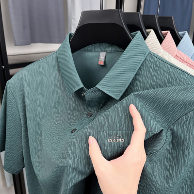 树皮纹短袖T恤男士蜂窝领翻领夏季polo衫中年宽松体恤真口袋上衣