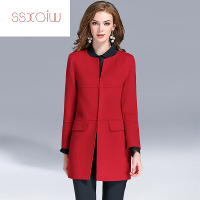 ssxoiw藏青色双面羊绒大衣女中长款新款秋冬季高端修身休闲毛呢外套