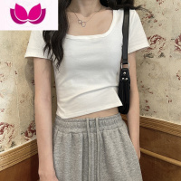 七斓方领t恤短袖2023新款女夏季短款正肩修身chic上衣辣妹风ins潮
