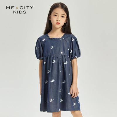 [2件2折价:55]米喜迪mecity童装夏季新款女童天使印花高腰短袖娃娃裙连衣裙