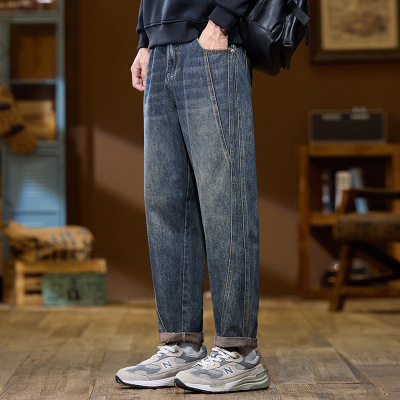 垂坠感锥形牛仔裤男 做旧蓝水洗 侧缝明线设计 美式复古卷边长裤