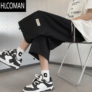 HLCOMAN美式贴标7七分裤子男士夏季宽松直筒运动裤潮牌胖子大码过膝短裤