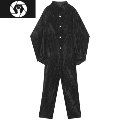 HongZun慵懒风坠感长袖衬衫网红两件套个性丝绒褶皱宽松休闲裤套装一套男其他套装