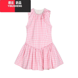 YIBUSHENG粉色甜美格子无袖背心连衣裙女季收腰a字裙小个子气质蓬蓬短裙