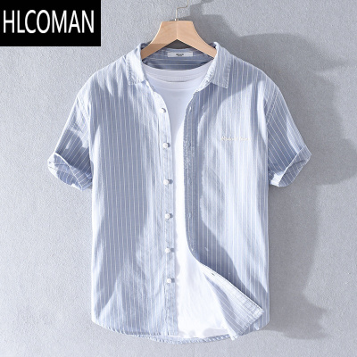 HLCOMAN日系条纹刺绣短袖衬衫男士夏季休闲百搭青年五分袖宽松半袖衬衣潮