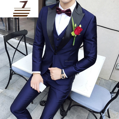 NEWLAKE西服男套装三件套新郎结婚礼服宴会修身韩版伴郎男士西装套装秋冬