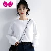 七斓2023春季新款蓝色长袖T恤女宽松打底衫学生圆领内搭上衣