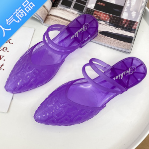 SUNTEK网红新款水晶凉鞋女夏防滑尖头休闲百搭舒适韩版粗跟透明两穿单鞋