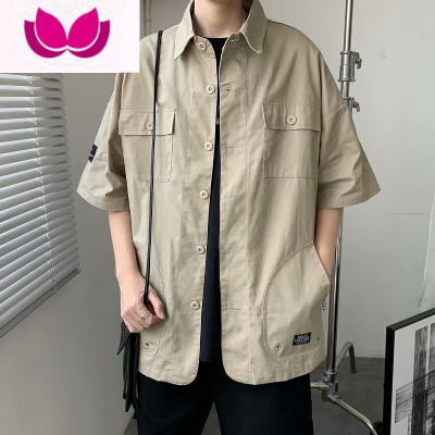 七斓夏季薄款短袖衬衫男生港风日系学生帅气休闲外套潮流宽松工装衬衣