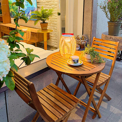 紫叶阳台小桌椅实木组合折叠简约休闲户外庭院防腐茶几三件套木桌