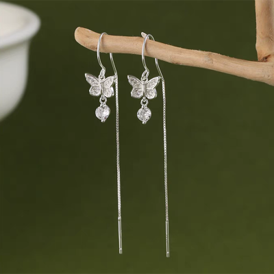 s925银蝴蝶流苏耳线女轻奢新款高级感长款耳环小众设计显脸瘦耳饰送女朋友老婆情人节七夕生日礼物
