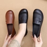 芒果头中口纯色低跟手工乐福鞋真皮大码套脚英伦风妈妈鞋