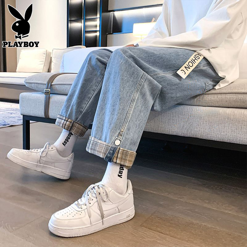 花花公子夏季牛仔裤男士宽松直筒阔腿卷边新款潮牌帅气长裤子男裤