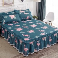 美帮汇全棉床罩床套防滑床裙式单件全棉保护防尘罩1.5米1.8m床单1三件套 爱情鸟 150x200[床裙+2个枕套]