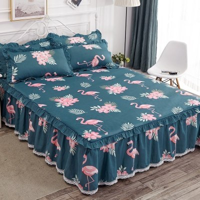 美帮汇全棉床罩床套防滑床裙式单件全棉保护防尘罩1.5米1.8m床单1三件套 爱情鸟 150x200[床裙+2个枕套]