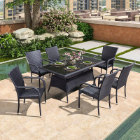苏宁 金菲罗格 办公家具 户外阳台藤编休闲桌椅组合 6黑色椅+150x90长桌