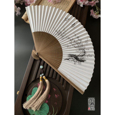中国风古风扇子水墨禅意手绘双面串纸扇折扇子男扇女扇竹小礼品夏三维工匠虾趣+双穗流苏