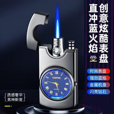 新款防风充气打火机个性直冲炫酷镶钻真表盘手表蓝焰点烟器送男友
