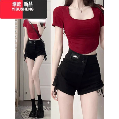 YIBUSHENG甜辣妹红色性感正肩方领短袖t恤女季纯欲紧身收腰鱼骨短款上衣
