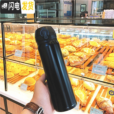 三维工匠创意简约纯色大容量不锈钢保温杯男女运动水瓶韩版可爱学生水杯子 大号黑色500送杯刷+杯套