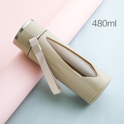 水具水杯双层玻璃水杯夏天办公室泡茶杯学生便携带盖杯子家用透明玻璃杯大号奶茶色