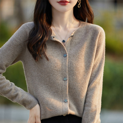 桂花针一线成衣针织开衫女外搭上衣秋冬圆领纯色外套毛衣