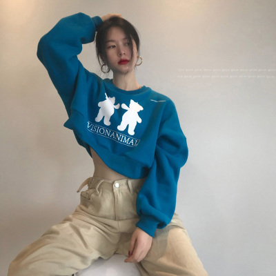 广赫闺蜜装宽松短款卫衣女2020秋季新款韩版休闲卡通印花加绒套头上衣卫衣