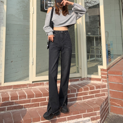 语娄高腰浅色侧开叉直筒牛仔裤女春季宽松显瘦胖mm妹妹大码阔腿裤子2021大码女装