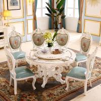 欧式大理石餐桌法式圆桌全实木烤漆珍珠光白木面送转盘饭桌椅组合